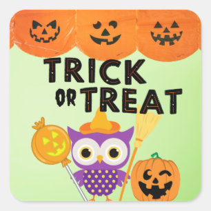 Sticker Carré Trick or Treat, hibou d'Halloween, Halloween drôle