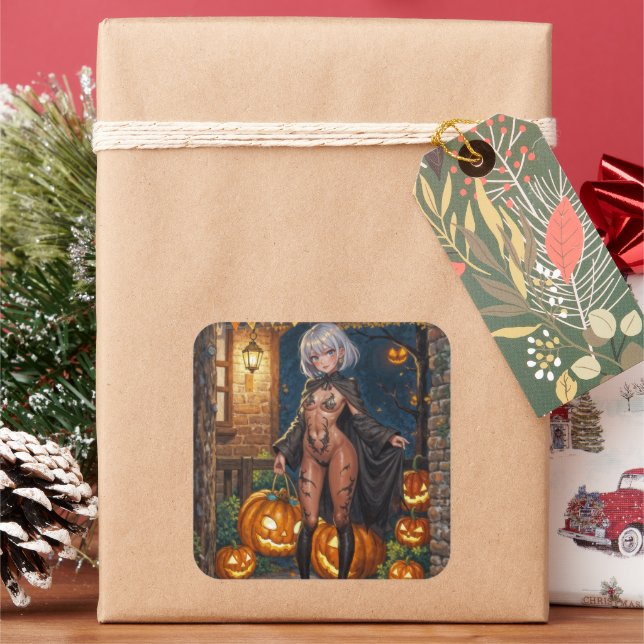 Sticker Carré Trick or Treater, courageuse fille en costume d'Ha (vacances)