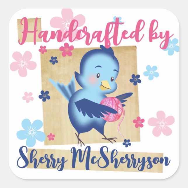 Sticker Carré Tricot tricot crochet homespun fil oiseau (Devant)