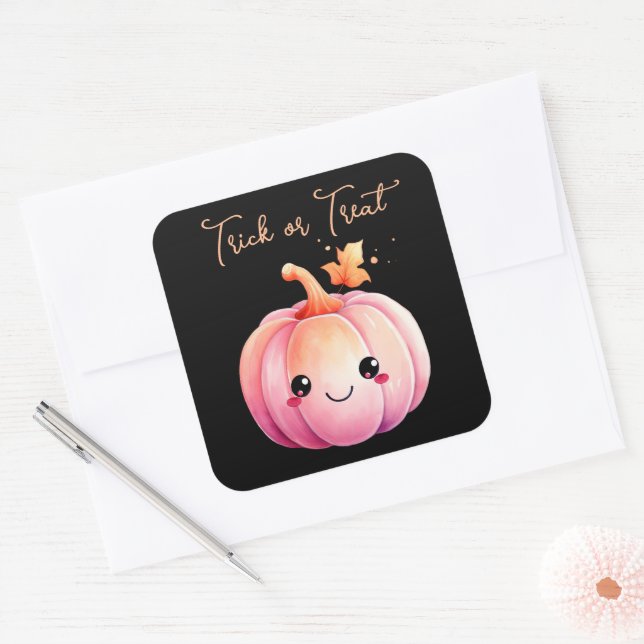 Sticker Carré Tricoter Ou Traiter Halloween Kawaii Citrouille (Enveloppe)