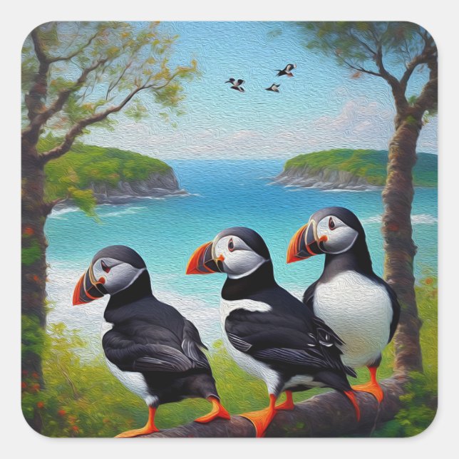 Sticker Carré Trio côtier : Trois Puffins à la plage d'Oils (Devant)