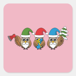 Sticker Carré Trois chouettes naines de Noël amusantes