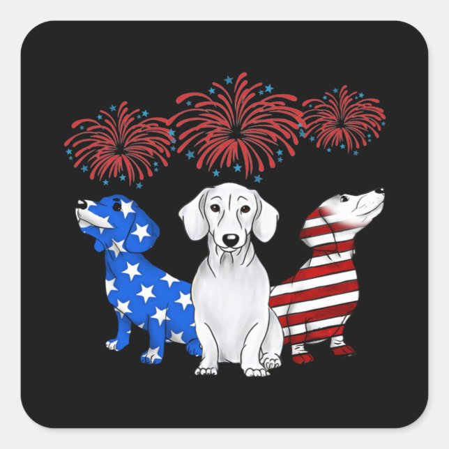 Sticker Carré Trois Dachshunds American Flag couleur 4 juillet (Devant)