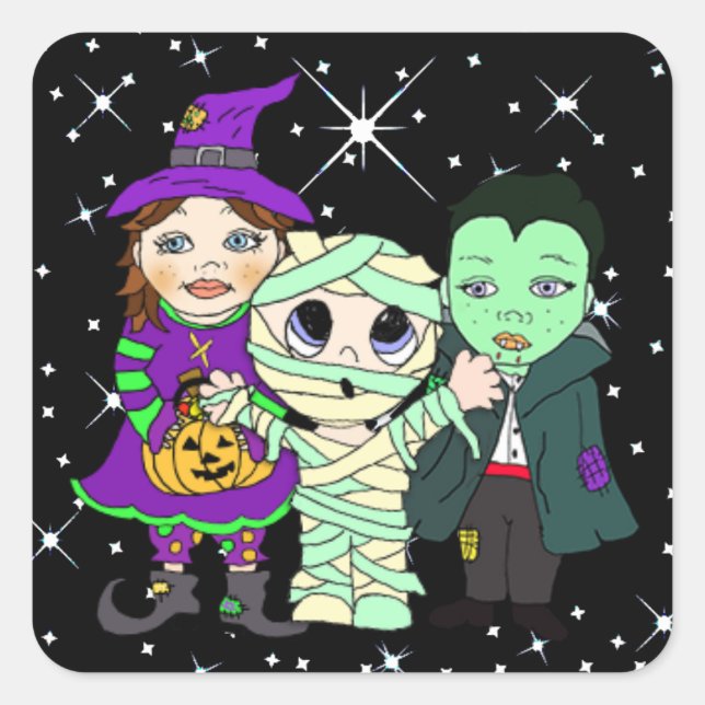 Sticker Carré Trois enfants en costume d'Halloween (Devant)