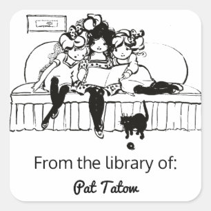 Sticker Carré Trois filles lisant avec une plaque de chat