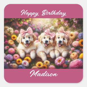 Sticker Carré Trois Marionnettes Golden Retriever avec des fleur