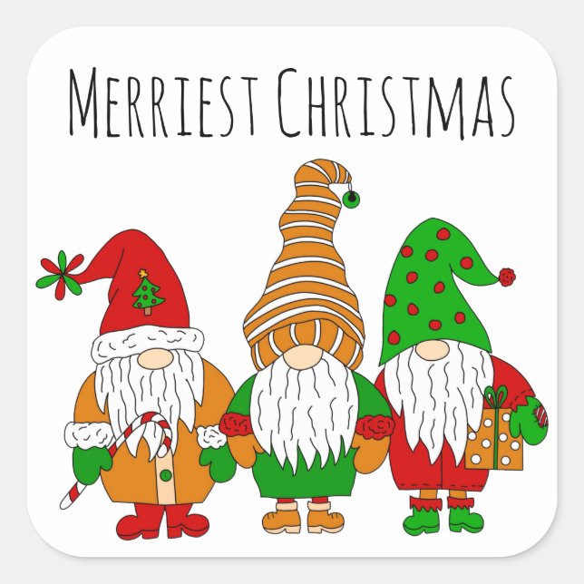 Sticker Carré Trois mignon Noël Gnomes plus joyeux Noël (Devant)