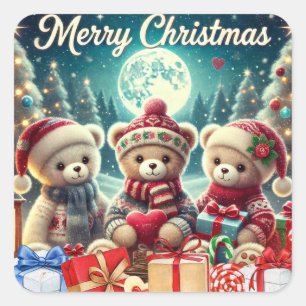 Sticker Carré Trois mignons Nounours Joyeux Noël