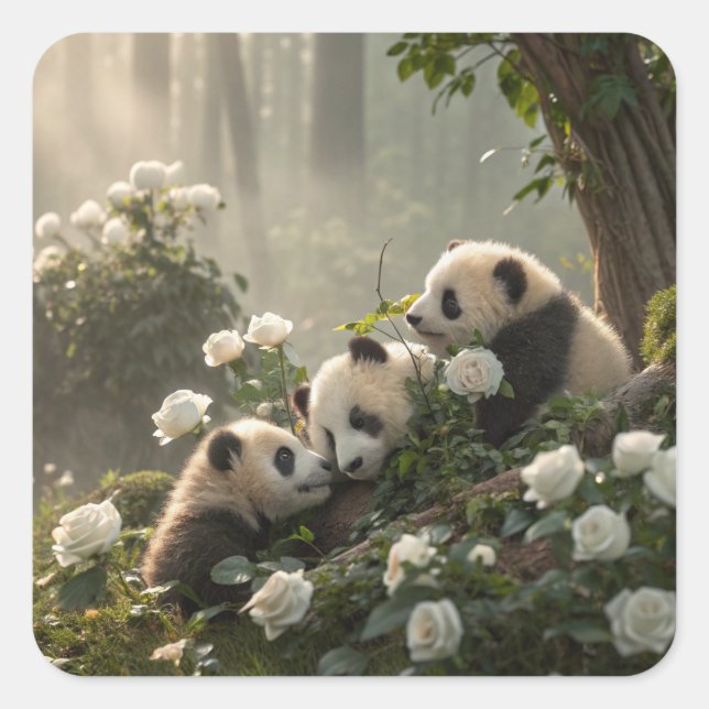 Sticker Carré Trois mignons Pandas (Devant)