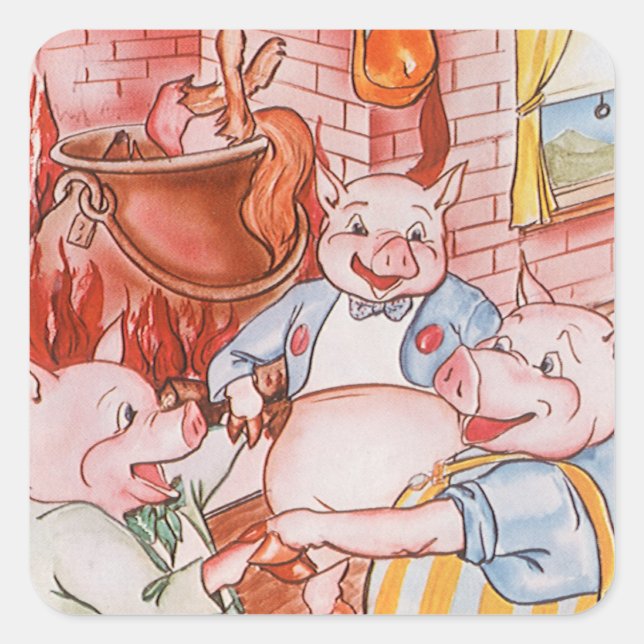 Sticker Carré Trois Petits Cochons Cuisinant Loup, Conte de Fées (Devant)