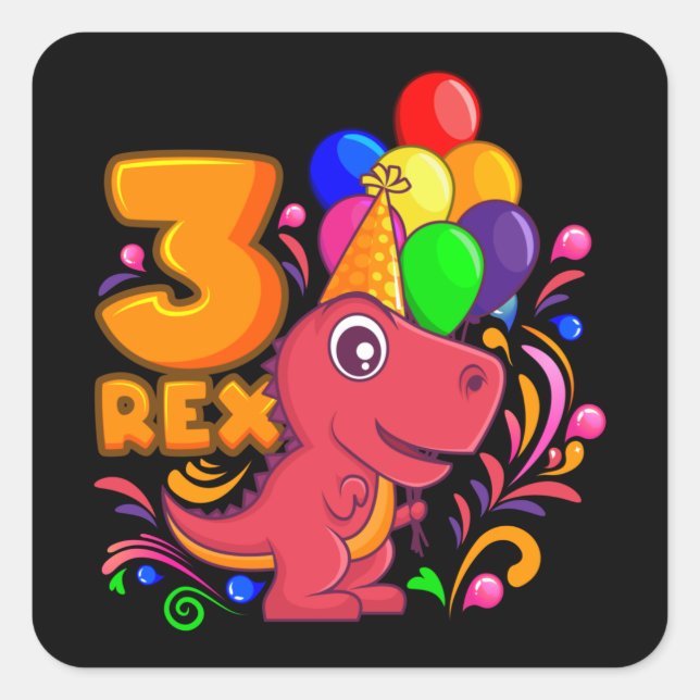 Sticker Carré TROIS REX 3 ans 3e anniversaire fille Dino (Devant)