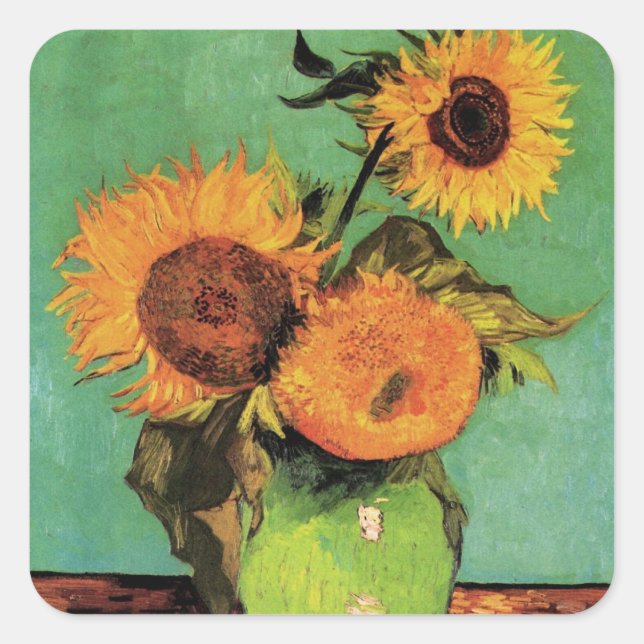Sticker Carré Trois tournesols dans un vase par Vincent van Gogh (Devant)