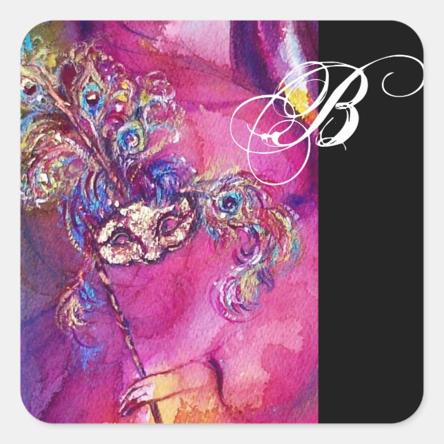 Sticker Carré TROISIÈME MASQUE, Monogramme Fuchsia Black (Devant)