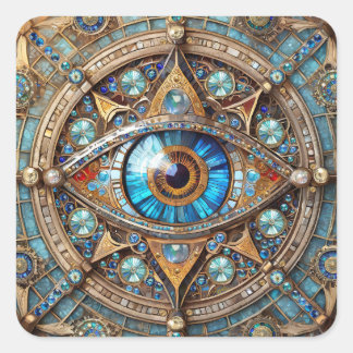 Sticker Carré Troisième Œil - Mandala Bleu Turquoise Or
