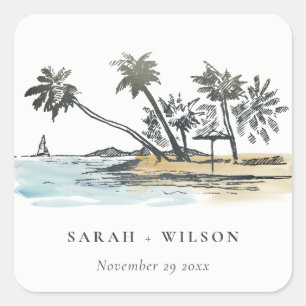 Sticker Carré Tropical Beach Palm Tree Sketch Mariage d'aquarell
