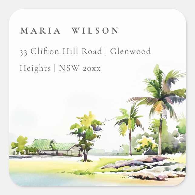 Sticker Carré Tropical Coastal Palm Trees Aquarelle Adresse (Devant)