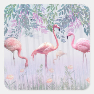 Sticker Carré Tropical Cute Family Flamants roses roses