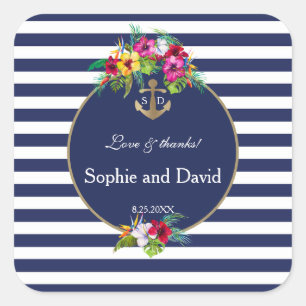 Sticker Carré Tropical Floral Luau Marine Blue Stripes Mariage