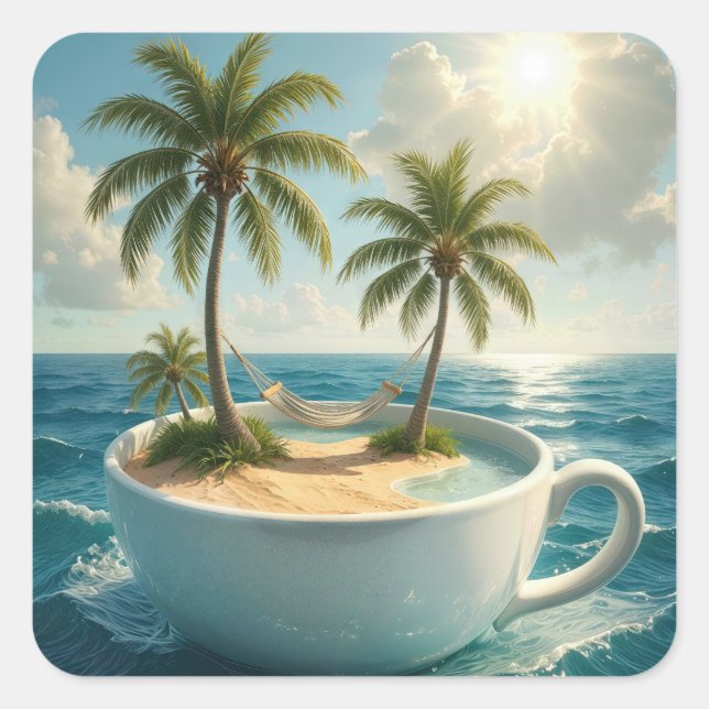 Sticker Carré Tropical Island With Hammock in a Teacup (Devant)