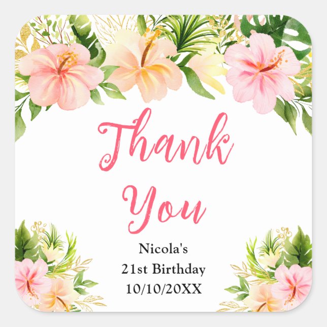 Sticker Carré Tropical Jungle Floral Birthday Thank You (Devant)