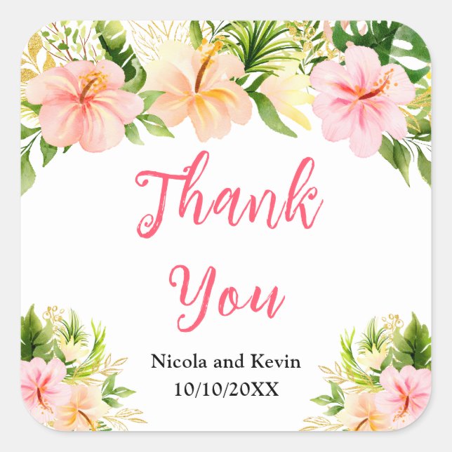 Sticker Carré Tropical Jungle Floral Wedding Thank You (Devant)