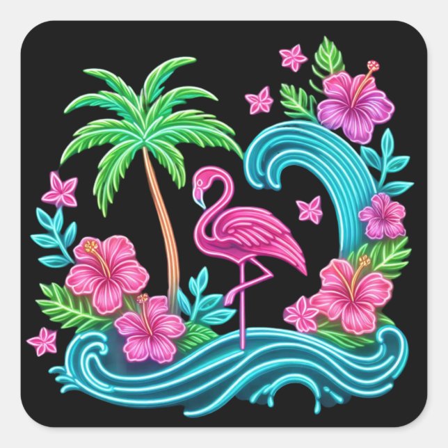 Sticker Carré Tropical Neon Flamingo (Devant)