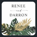 Sticker Carré Tropical Palm Leaf Gold 4<br><div class="desc">Décorez vos enveloppes ou autres objets avec votre nom et autocollants Tropical Palm Leaf Gold modernes. Complète votre suite d'invitations.</div>