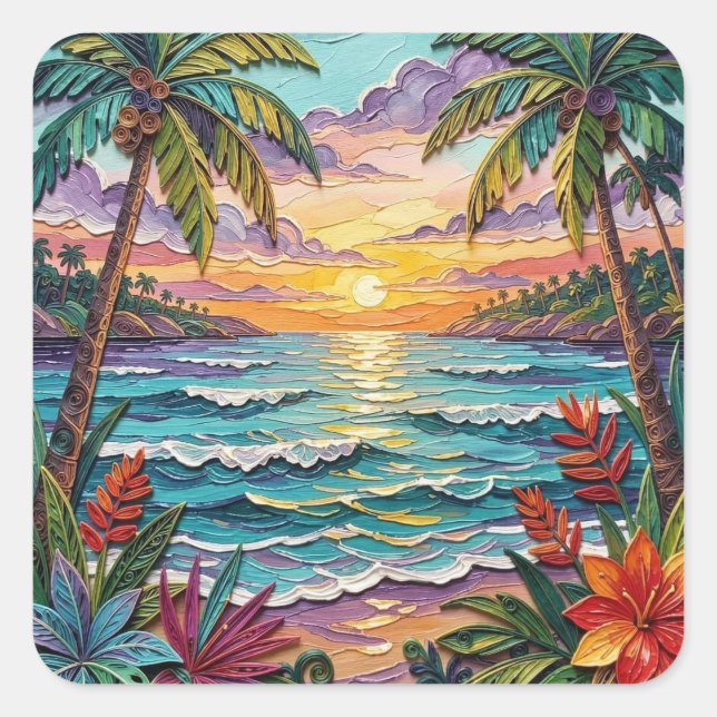 Sticker Carré Tropical Paradise | Coastal Beach Scene Impasto (Devant)
