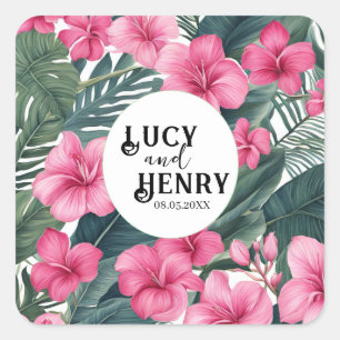 Sticker Carré Tropical Pink Holiday Floral Print Mariage