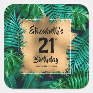 Sticker Carré Tropical Plante Gold 21e anniversaire Personnalisé