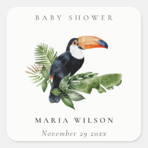 Sticker Carré Tropical Rainforest Toucan Foliage Baby shower