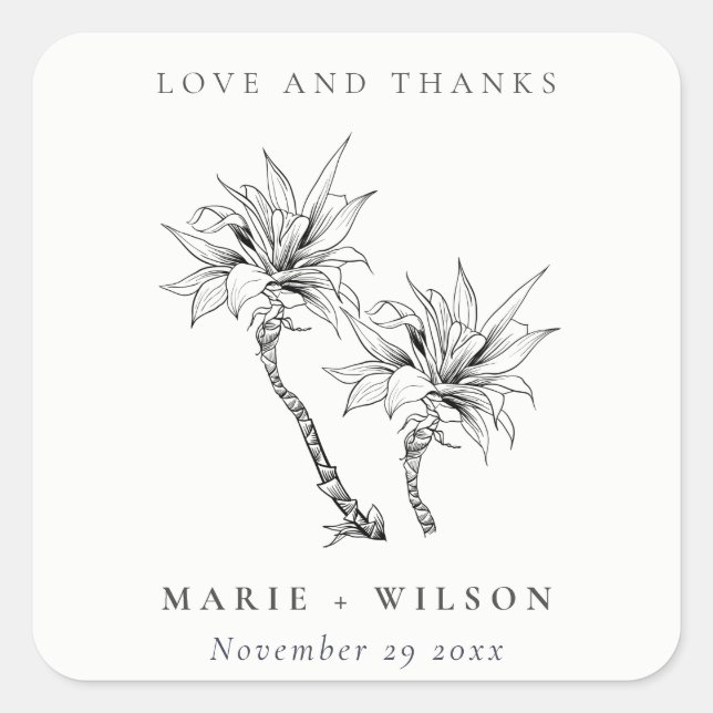 Sticker Carré Tropical Rustic Palms noir blanc Mariage croquis (Devant)