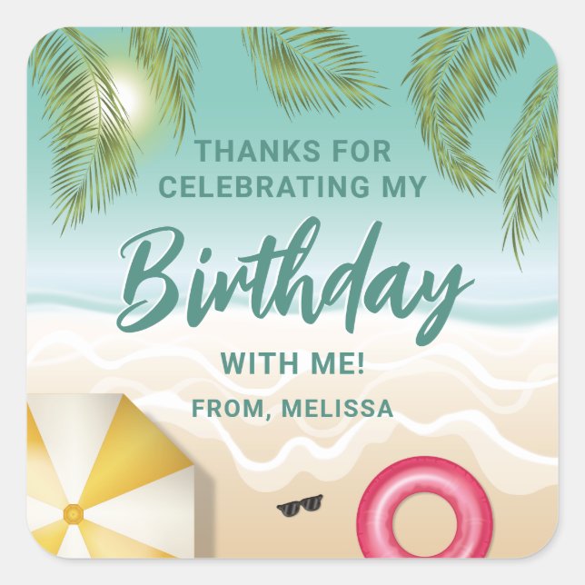Sticker Carré Tropical Sunny Teal Beach Sand Birthday Thank You (Devant)