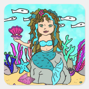 Sticker Carré Tropical Under the Sea Turquoise Mermaid