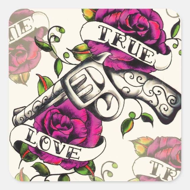 Sticker Carré True Love Old school pistol tatouage art. (Devant)