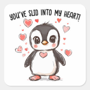 Sticker Carré Tu as glissé dans mon coeur Penguin Saint-Valentin