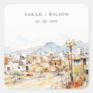 Sticker Carré Tucson, Arizona Watercolor Landscape Wedding