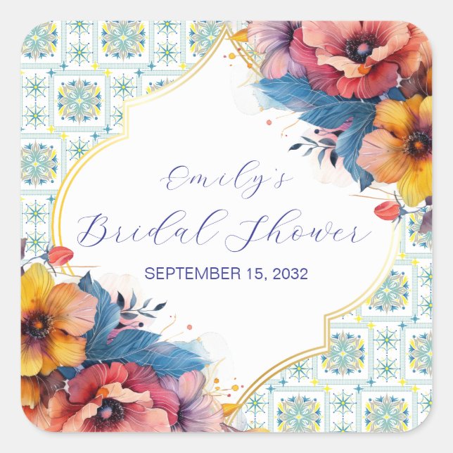 Sticker Carré Tuile bleue méditerranéenne Shower de mariage flor (Devant)