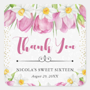 Sticker Carré Tulipes et jonquilles rose aquarelle pour un Sweet