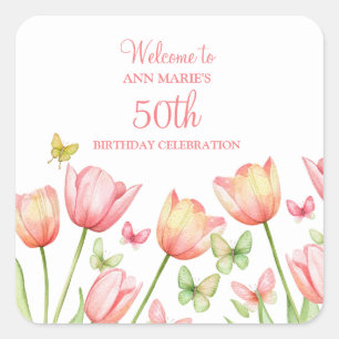 Sticker Carré Tulipes Florales Aquarelle Abricot