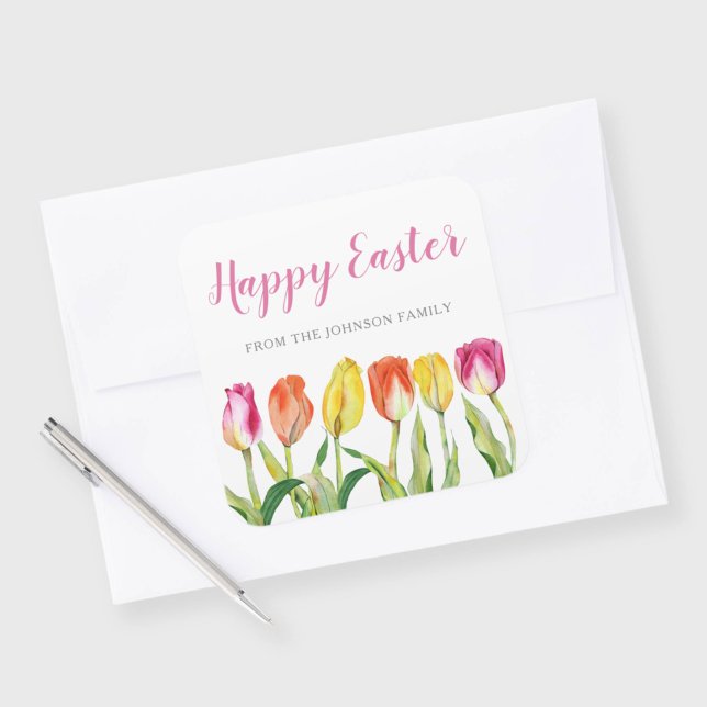 Sticker Carré Tulipes florales roses Chic Joyeuses Pâques (Chic Pink Floral Tulips Happy Easter Square Sticker)