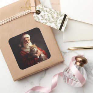 Sticker Carré Turc Angora Chat Santa Claus Festif Noël