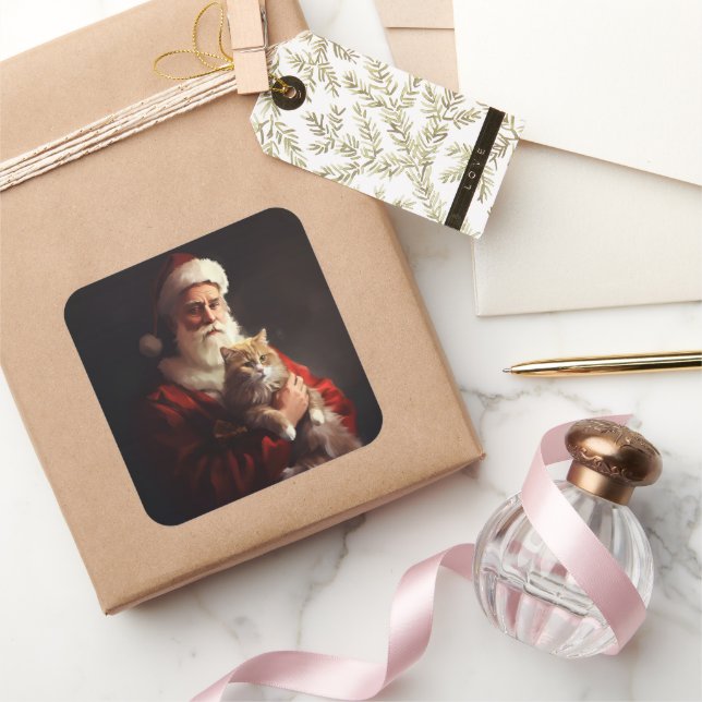 Sticker Carré Turc Angora Chat Santa Claus Festif Noël (Cadeaux)