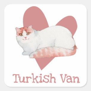 Sticker Carré Turc Van Chat Aquarelle Kitty Coeur rose
