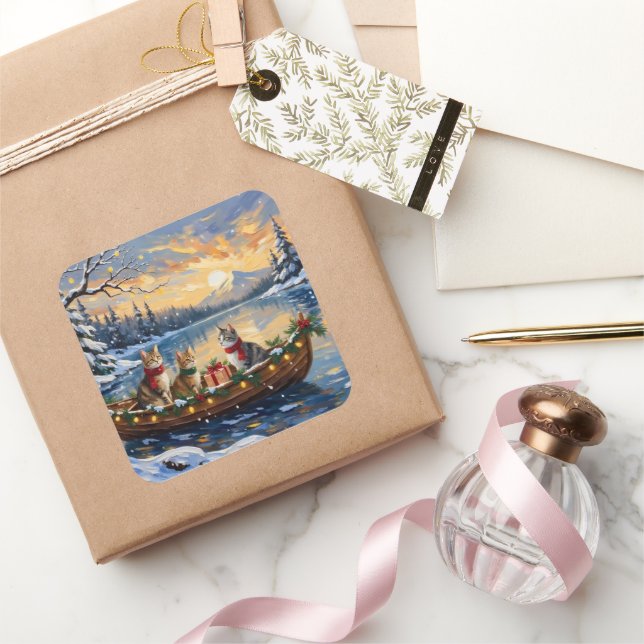 Sticker Carré Turkish Angora Cat Christmas Boat Holiday (Cadeaux)