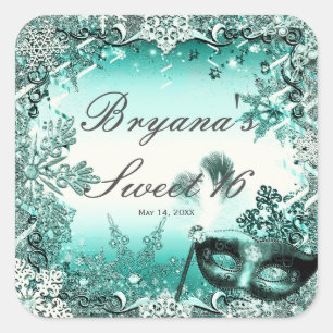Sticker Carré Turquoise Aqua Green Winter Masquerade & Snowflake
