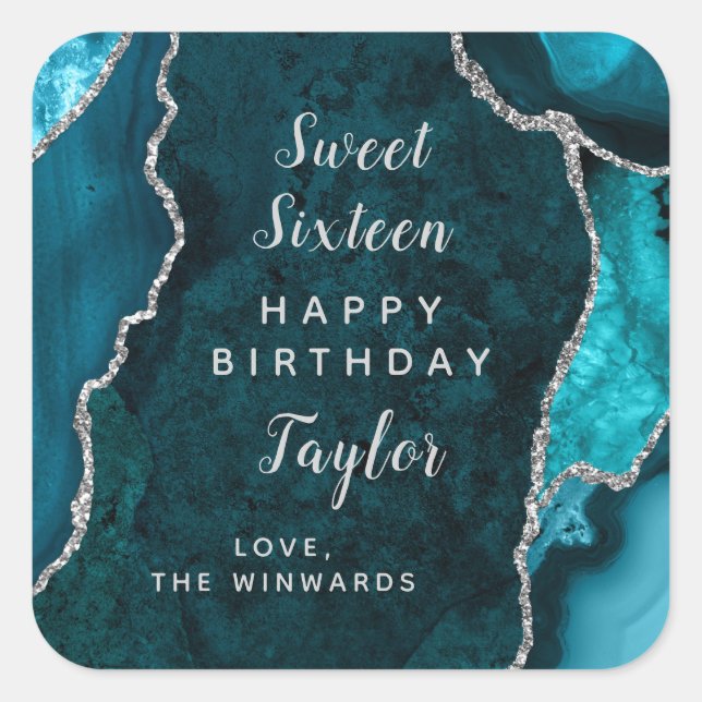 Sticker Carré Turquoise Argent Agate Sweet sixteen Joyeux annive (Devant)