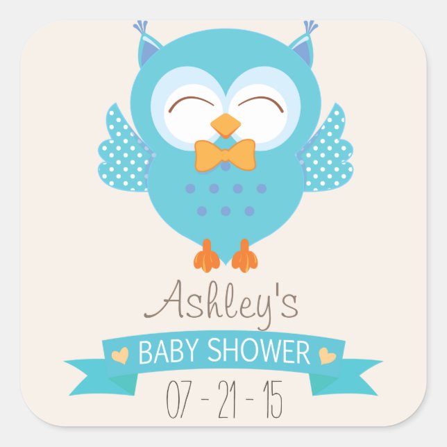 Sticker Carré Turquoise Bleu & Purple Boy Owl Baby shower (Devant)