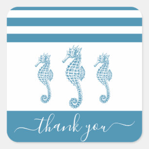 Sticker Carré Turquoise bleu seahorse beach merci script vintage
