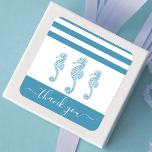 Sticker Carré Turquoise bleu seahorse beach merci script vintage